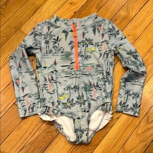 Gray Long Sleeve Swimsuit with Tropical Print